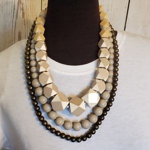 Vintage 1980s boho three strand beaded necklace huge tetradecahedron beads